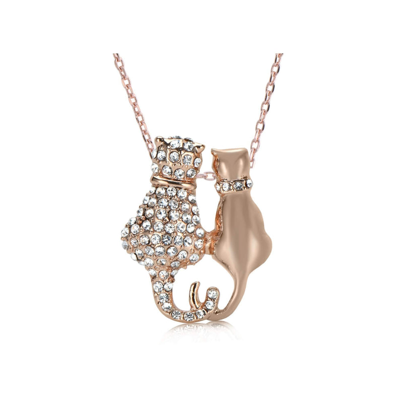 [Australia] - UPSERA Rose Gold Plated Pave Austrian Crystals 2 Kitty Cats Necklace, 17+2" Extender 