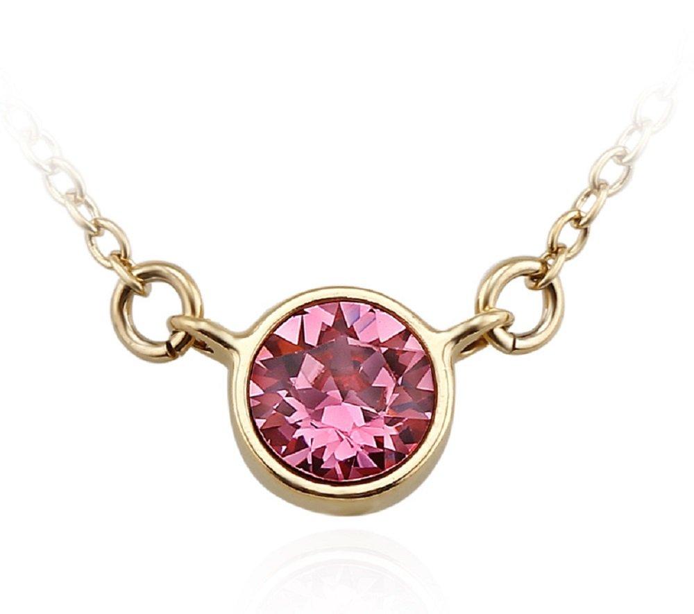 [Australia] - UPSERA Silver Tone Crystal from Swarovski Bezel-Set Solitaire Pendant Necklace, 16.7+2” Extender Pink Crystal in Gold Plating 