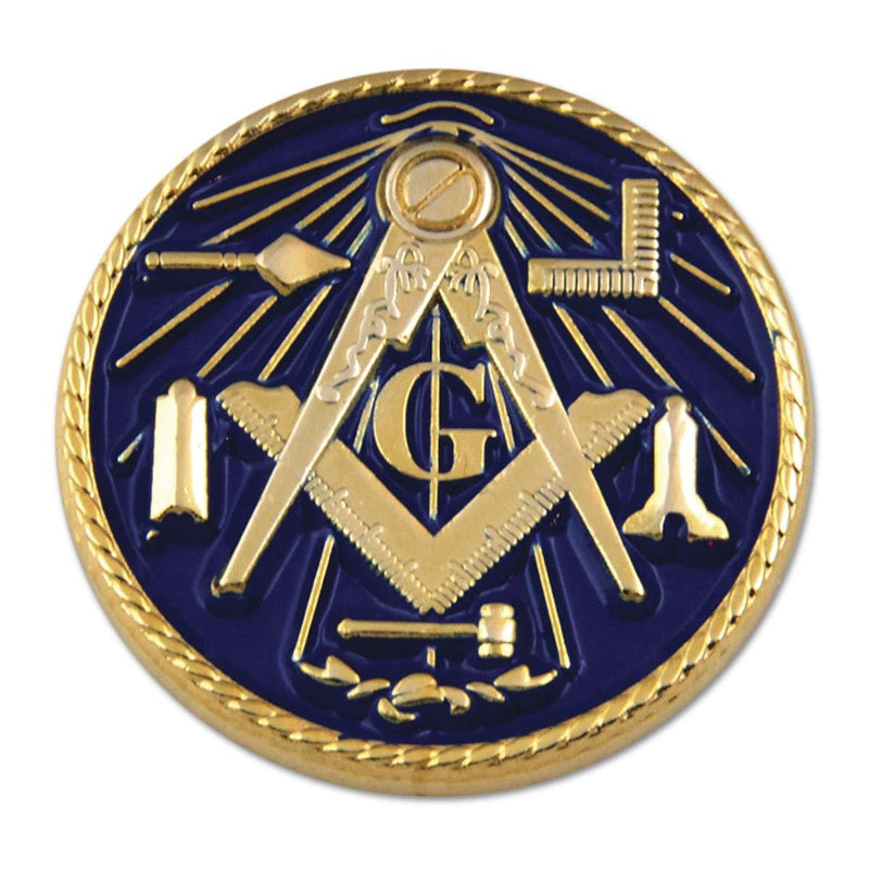 [Australia] - Working Tools Square & Compass Round Masonic Lapel Pin - [Blue & Gold][1'' Diameter] 