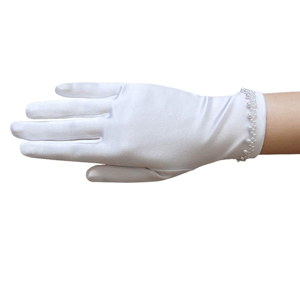 [Australia] - ZAZA BRIDAL Girl's Satin Gloves with pearl bead edging around the Wrist/White White Medium - 8-12yrs 