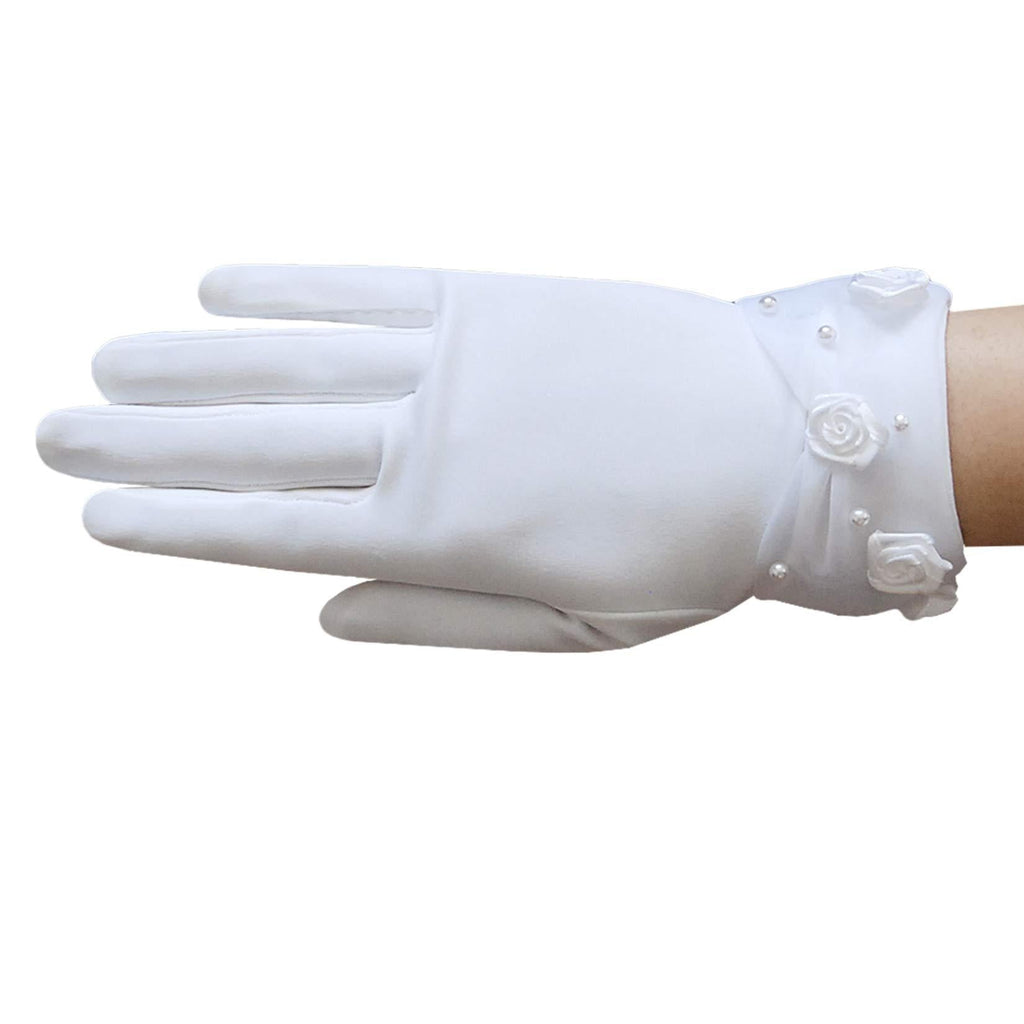 [Australia] - ZAZA BRIDAL Dull matte satin girl's gloves w/faux pearl & rose accents sheer organza cuff/White White Small - 4-7yrs 