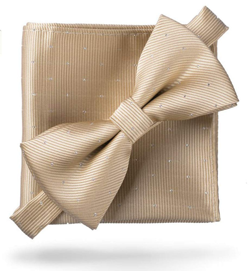[Australia] - Flairs New York Gentleman's Essentials Neck Tie, Bow Tie and Pocket Square Matching Set Regular Bow Tie & Pocket Square Set Champagne Gold [Glitter Dot Print] 