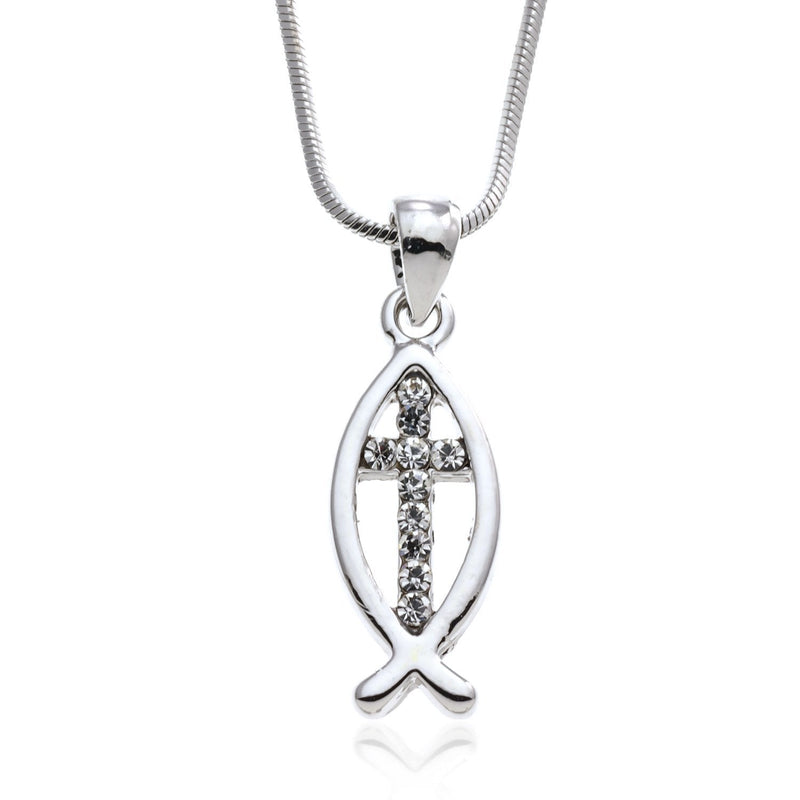 [Australia] - PammyJ Clear Crystal Cross Religious Fish Pendant Necklace, 16" + 2" ext 