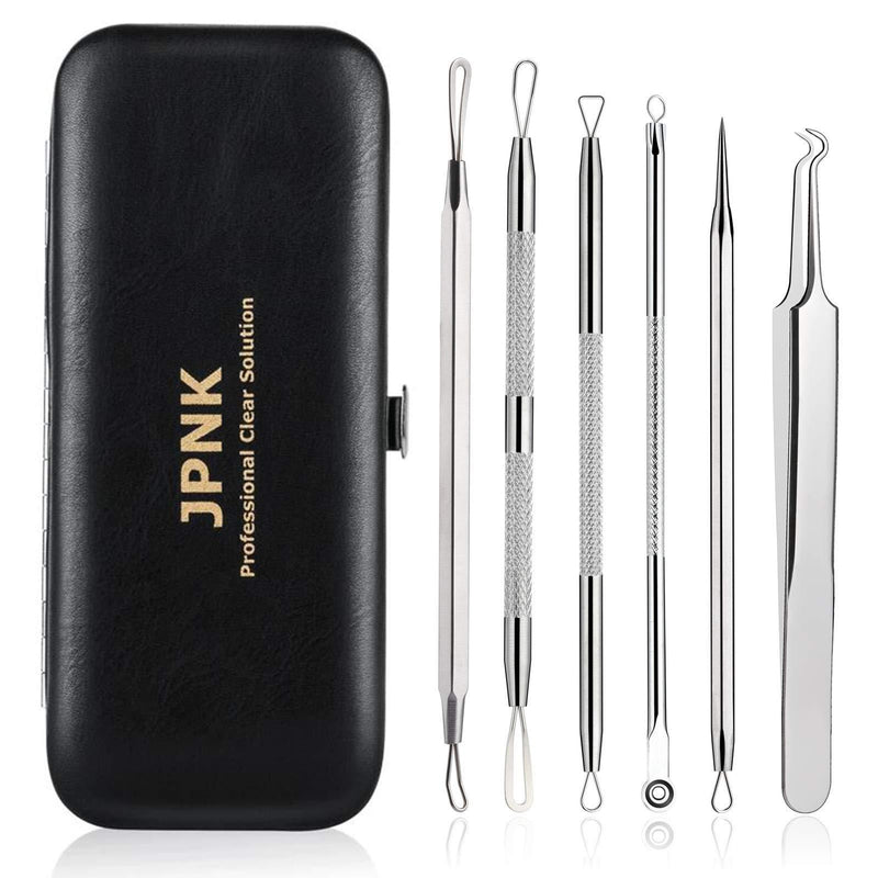 [Australia] - JPNK 6 PCS Blackhead Remover Comedones Extractor Acne Removal Kit for Blemish, Whitehead Popping, Zit Removing for Nose Face Tools with a Leather bag(Silver) Silver 