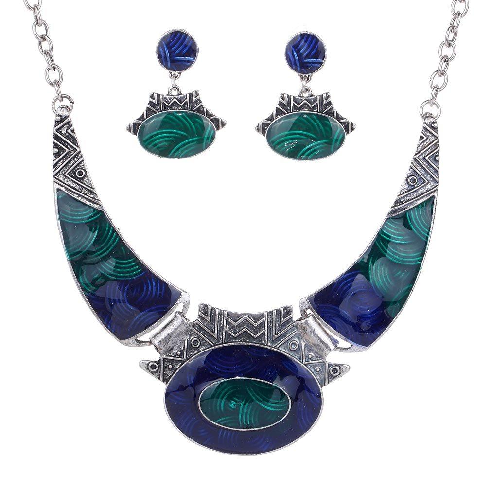 [Australia] - YAZILIND Ethnic Color Embossed Oval Gangle Bib Collar Earrings Necklace Jewelry Set Women Dark Blue 