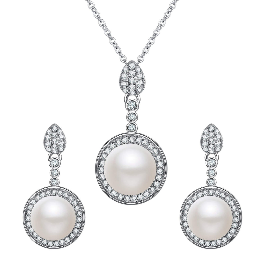 [Australia] - EleQueen 925 Sterling Silver CZ AAA Round Button Cream Freshwater Cultured Pearl Bridal Pendant Necklace Earrings Set 