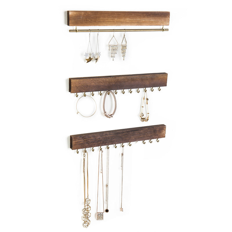 [Australia] - MyGift 3-Piece Wall-Mounted Rustic Wood & Gold Tone Metal Jewelry Organizers / 24 Hook Necklace & Bracelet Racks/Hanging Earring Bar 24 Hooks + Hanging Bar (Brown) 