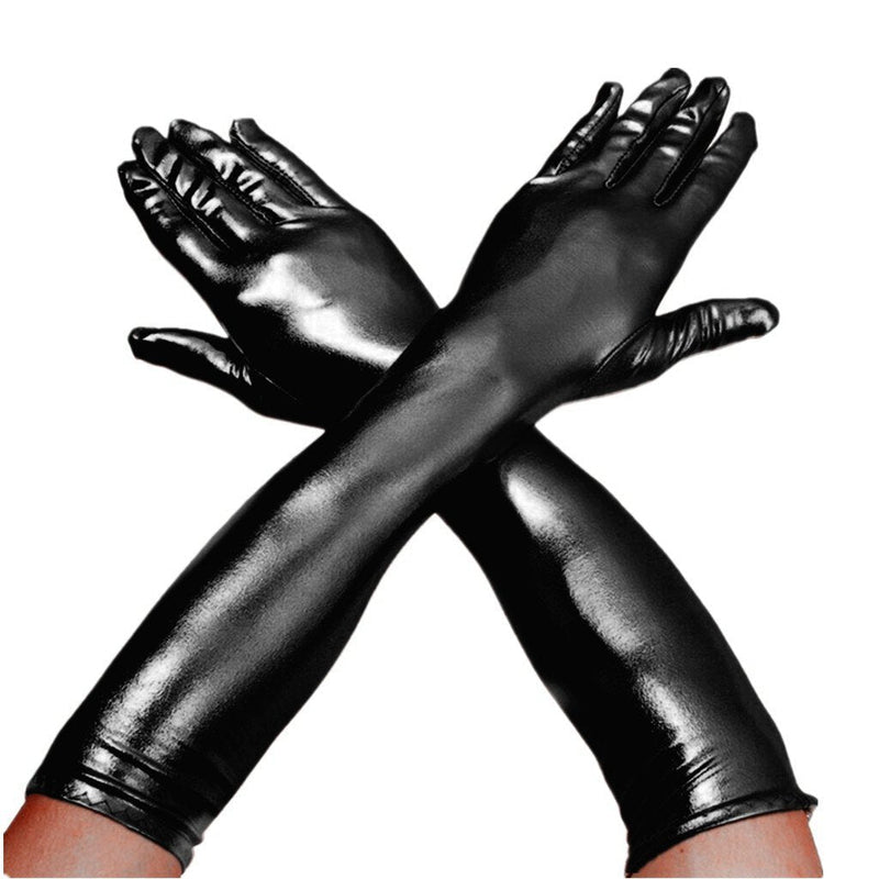 [Australia] - DreamHigh Women's 17" Long Metalic Satin Cosplay Finger Gloves Black 