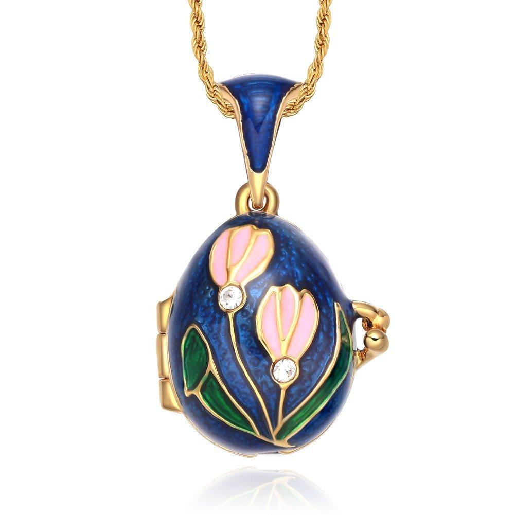 [Australia] - TF Charms Lily of The Valley Flower Royal Russian Egg Pendant Necklace 18" with Heart Charm Suprise Inside Blue 