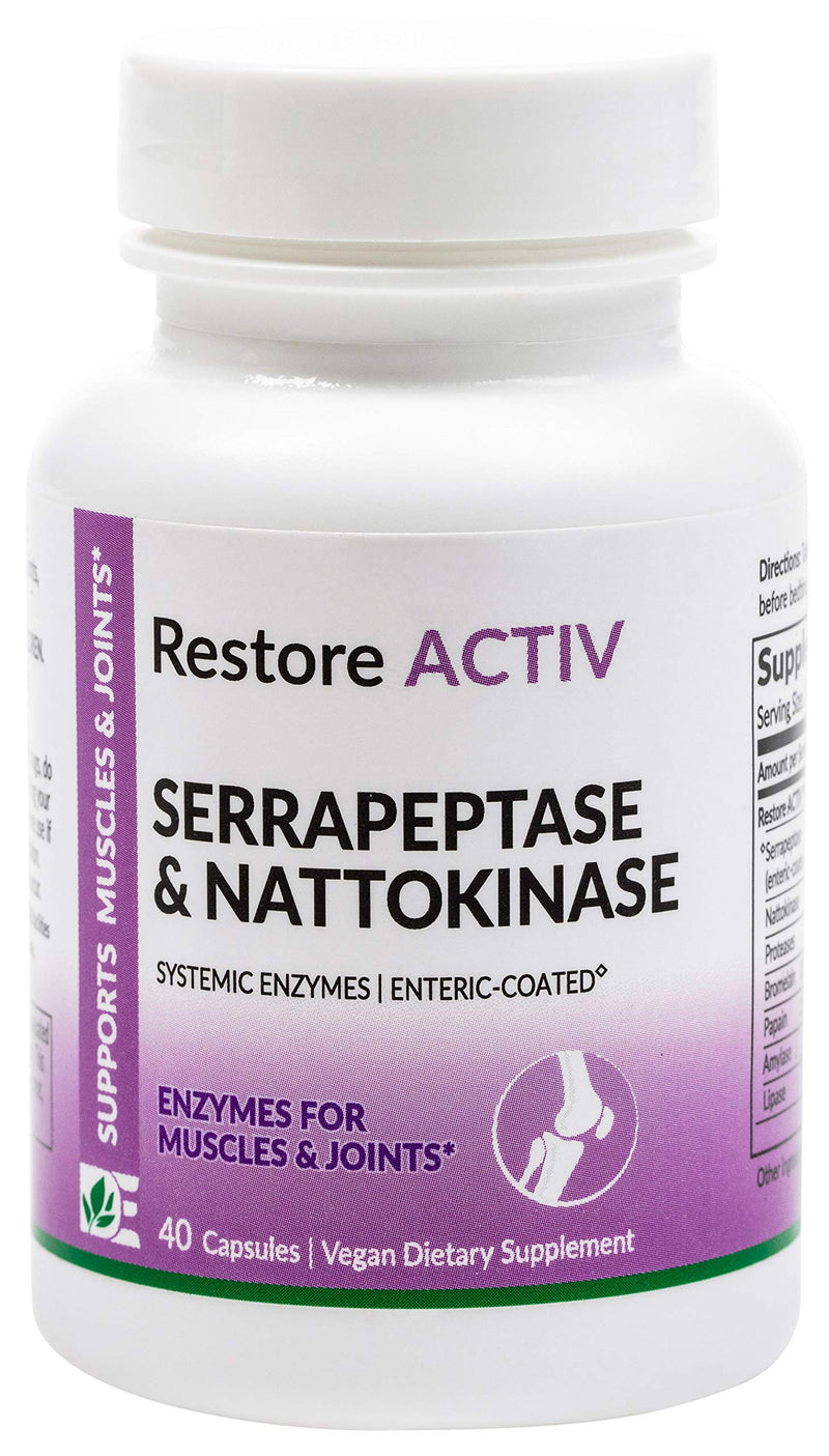 [Australia] - Restore ACTIV -Muscle, Joint & Tissue Support, Enteric-Coated Serrapeptase and Nattokinase - Systemic Enzymes | 40 Count 40 Count (Pack of 1) 