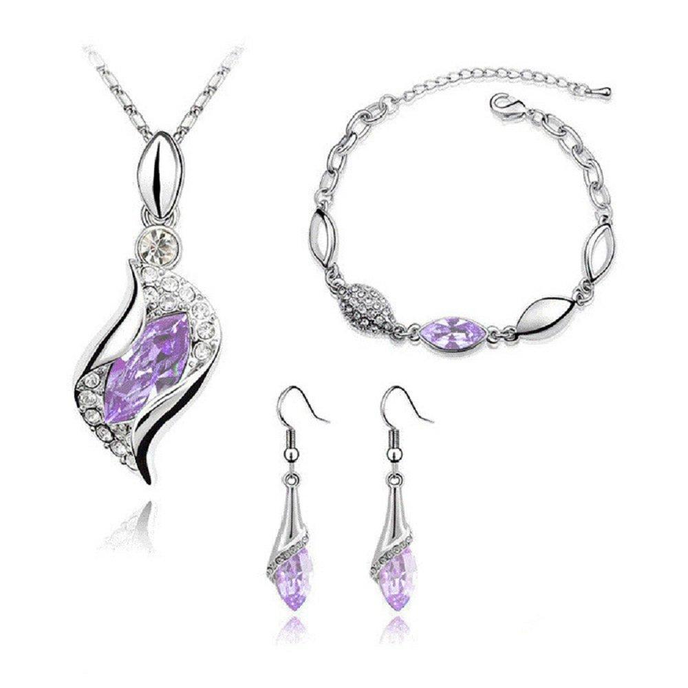[Australia] - Graces Dawn Beautiful Cubic Zirconia with Platinum Plated Chain Necklace Angel Elf Pendant Mosaic Crystal Necklace Bracelet and Earrings Set Necklace 18" (Light Purple) 