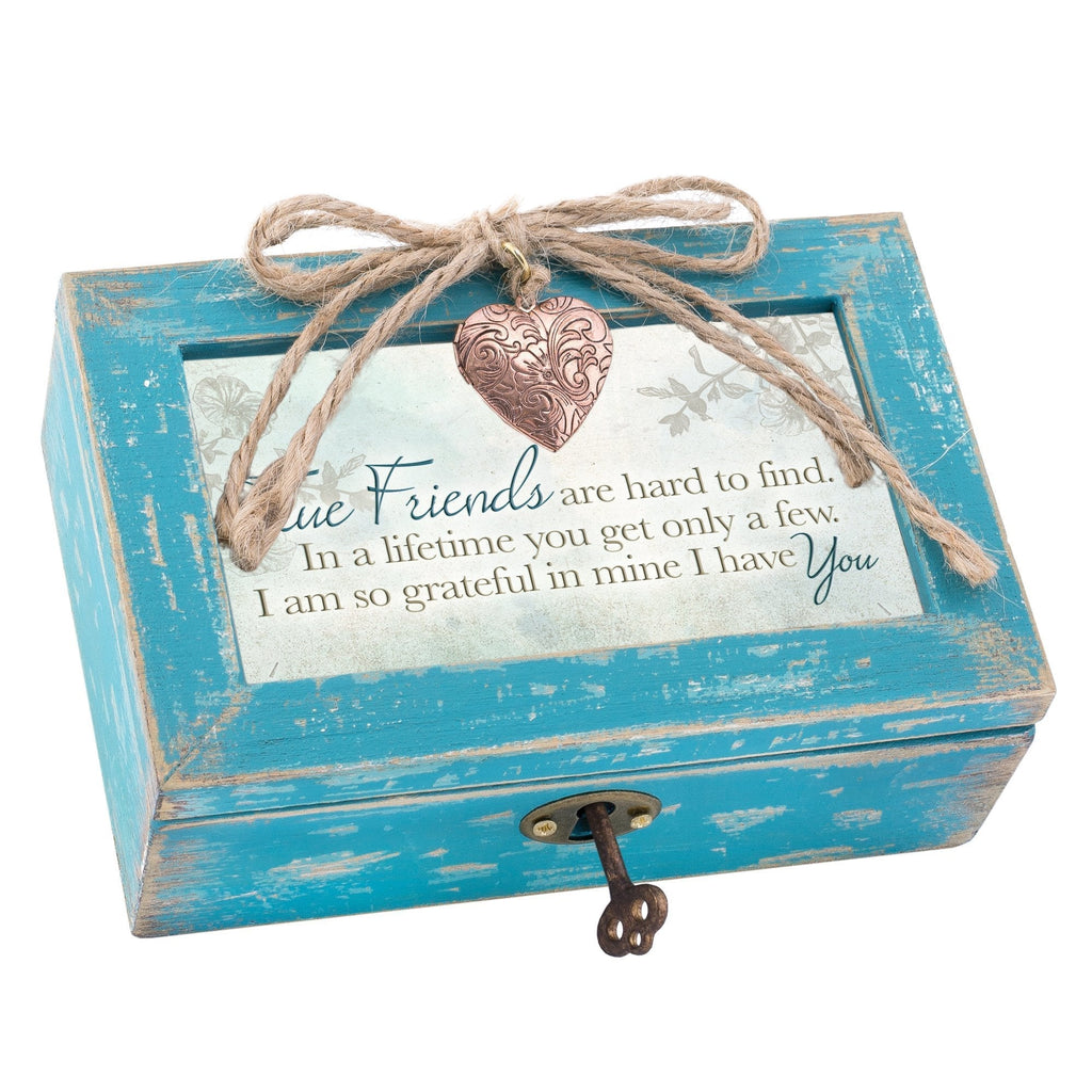 [Australia] - Cottage Garden True Friends Grateful Teal Wood Locket Jewelry Music Box Plays Tune That's What Friends are for Blue 