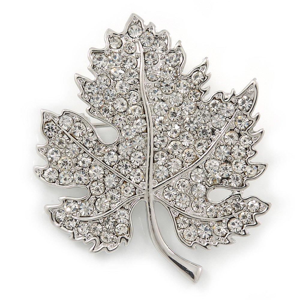 [Australia] - Avalaya Clear Austrian Crystal Maple Leaf Brooch in Rhodium Plating - 40mm L 