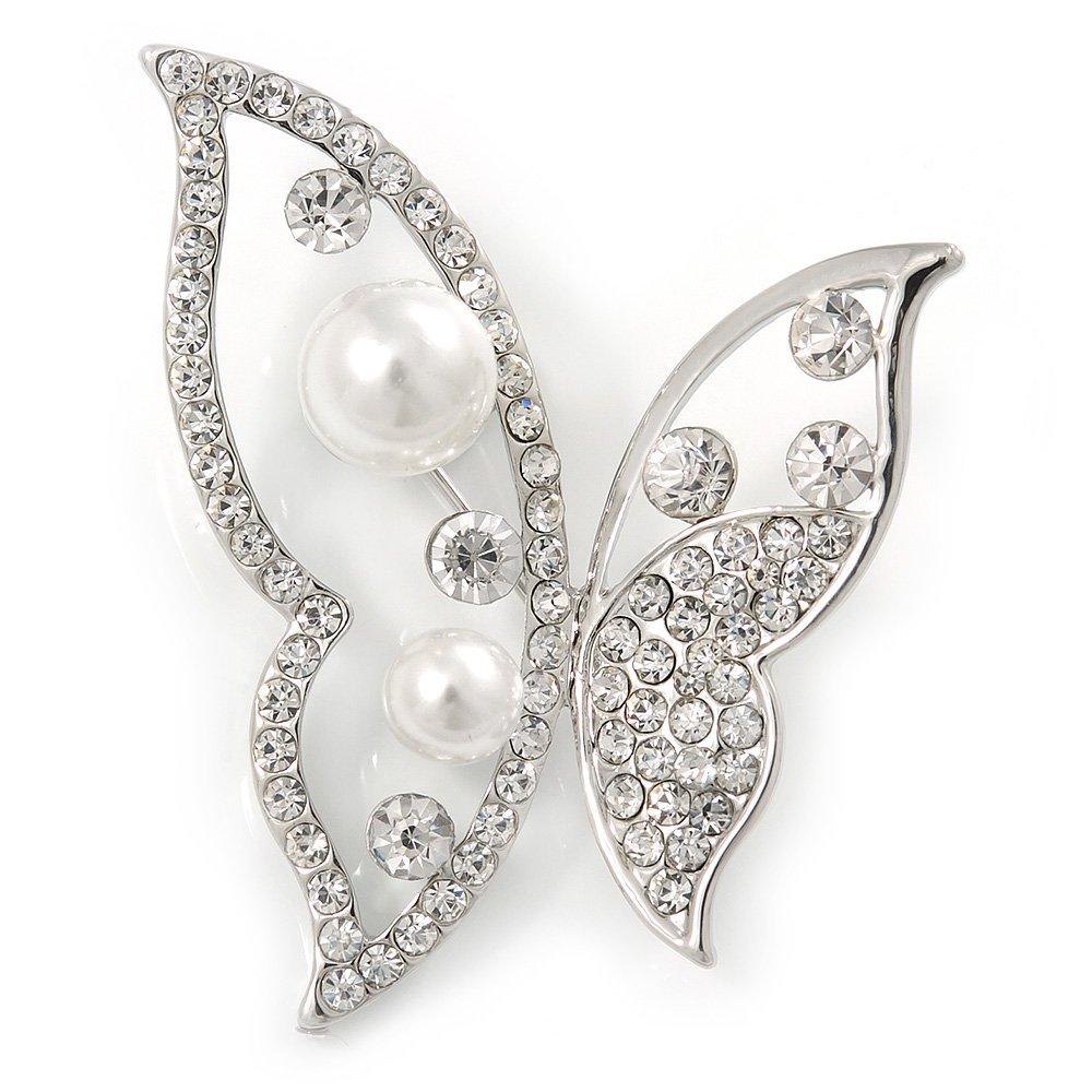 [Australia] - Avalaya Rhodium Plated Glass Pearl, Clear Crystal Asymmetrical Butterfly Brooch - 50mm Across 