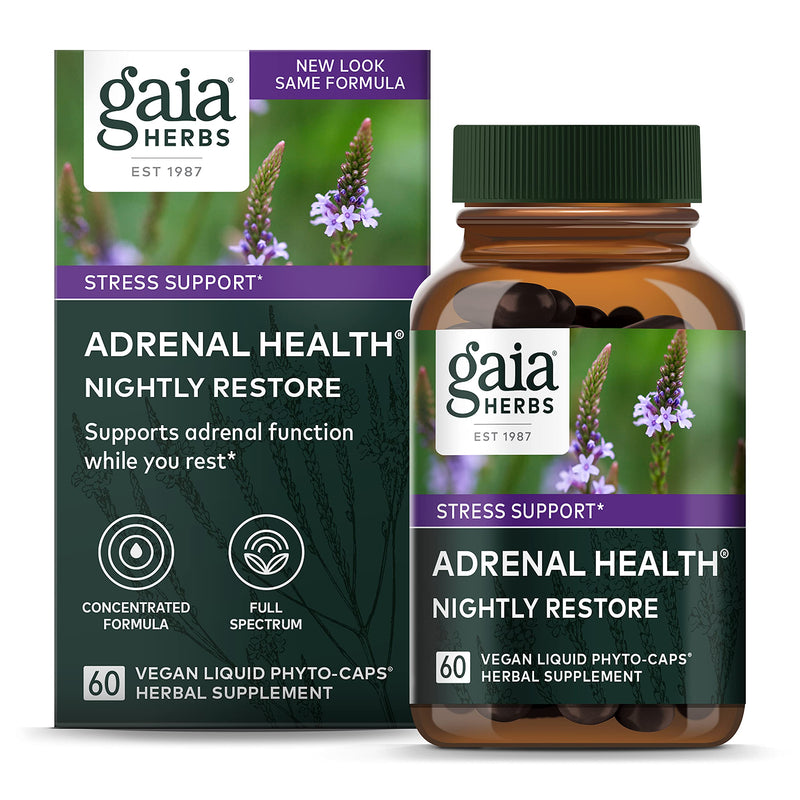 [Australia] - Gaia Herbs Adrenal Health Nightly Restore - Adrenal Support Herbal Supplement with Ashwagandha, Magnolia Bark, Cordyceps, Lemon Balm, and More - 60 Vegan Liquid Phyto-Capsules (30 Servings) 60 Count (Pack of 1) 