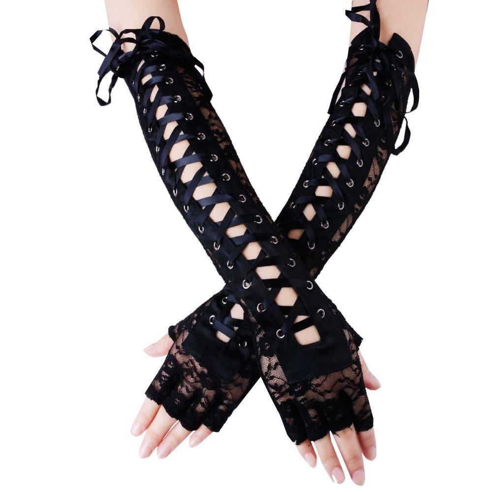 [Australia] - JISEN Womens Fingerless Gloves Elbow Lace Up steampunk Costume Arm Warmer Nylon Black 