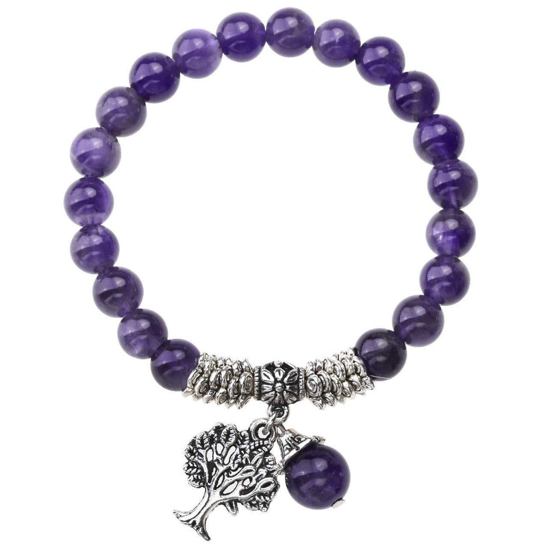 [Australia] - Jovivi 8MM Purple Amethyst Natural Gemstone Tree of Life Lucky Charm Stretch Bracelet 