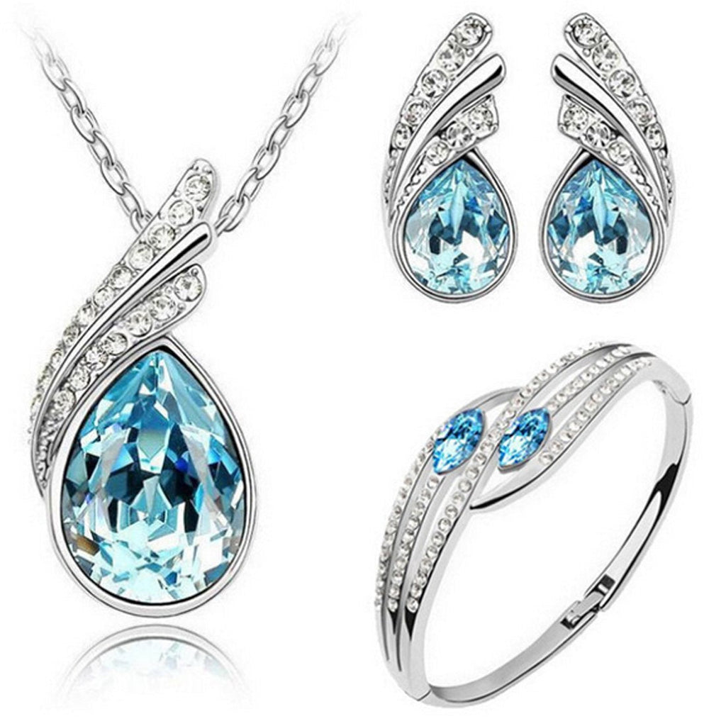 [Australia] - MAFMO Bridal Water Drop Jewelry Set Crystal Pendant Necklace Bracelet Stud Earrings Light Blue 
