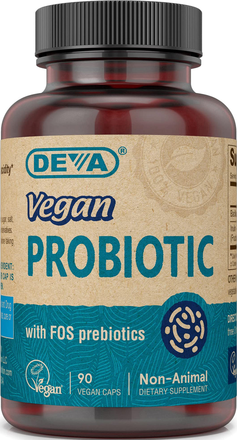 [Australia] - Deva Vegan Probiotic with FOS Prebiotics Supplement - 2 Billion CFU with 100 MG of Prebiotics Per Serving for Men & Women - Non-Dairy Gluten Free - Naturally Shelf Stable - 90 Capsules 