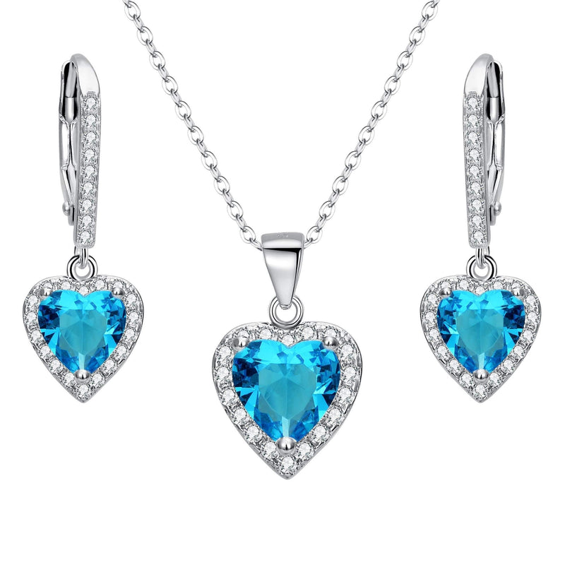 [Australia] - EleQueen 925 Sterling Silver Cubic Zirconia Love Heart Bridal Pendant Necklace Leverback Earrings Set Aquamarine Color 