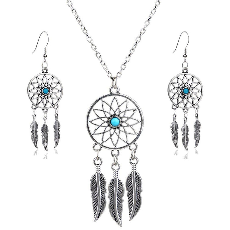 [Australia] - lauhonmin 3pcs Women Retro Silver Turquoise Feather Dream Catcher Pendant Necklace Earrings Set Family Friend Gift 
