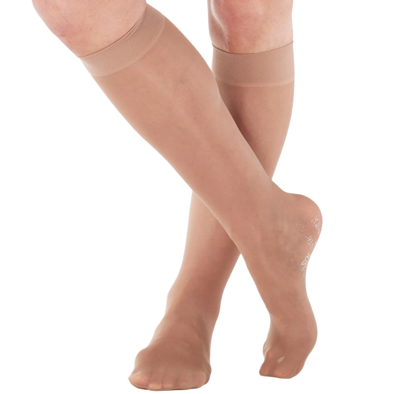 [Australia] - Knee High Compression Stockings Women 8-15mmHg for Flight Airplane Travel - Sheer Compression Support Stockings 8-15 mmHg for Women Circulation - Made in USA by Absolute Support - Beige, Large 