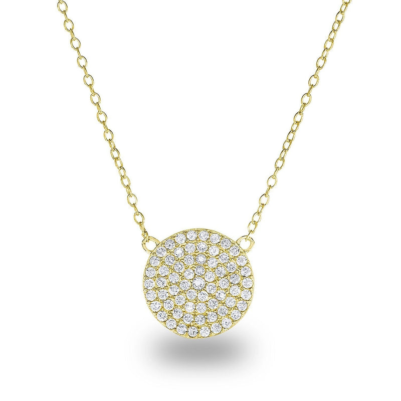 [Australia] - Spoil Cupid 14K Gold Plated 925 Sterling Silver Cubic Zirconia Disc Necklace With Circle Pendant 12mm Diameter, 18 Inch 