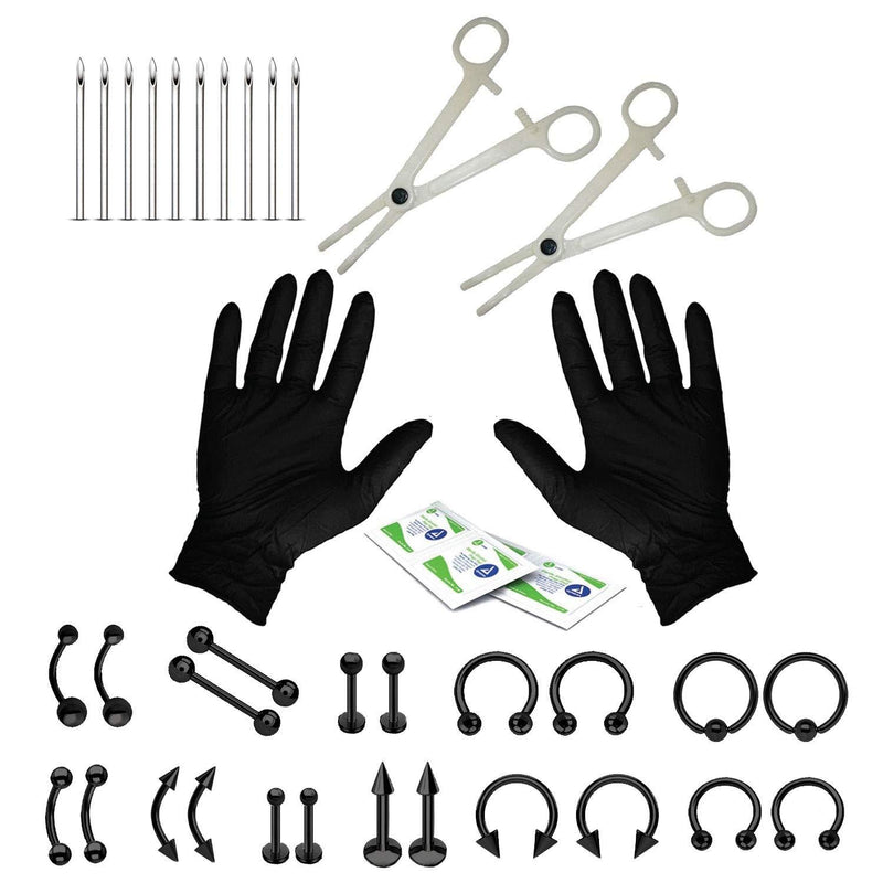 [Australia] - BodyJ4You 36PC Professional Piercing Kit Surgical Steel 14G 16G Belly Ring Tongue Tragus Nipple Nose Black 