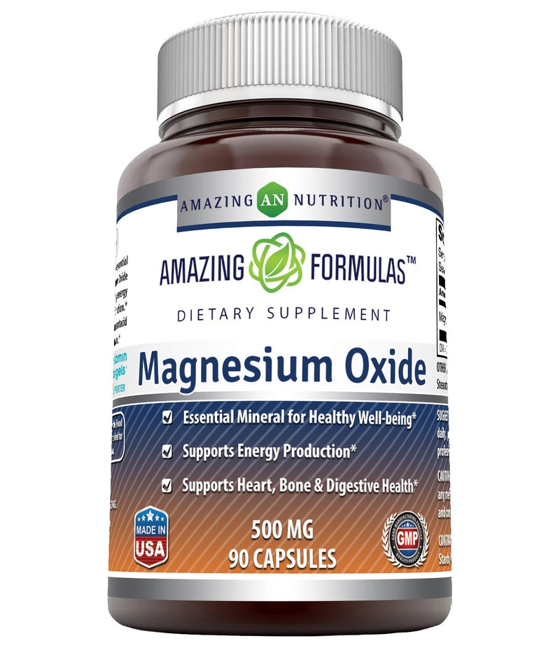 [Australia] - Amazing Formulas Magnesium Oxide 500mg, 90 Capsules Supplement (Non-GMO, Gluten Free) - Essential Mineral For Healthy Well-Being, Supports Energy Production, Supports Heart, Bone & Digestive Health 