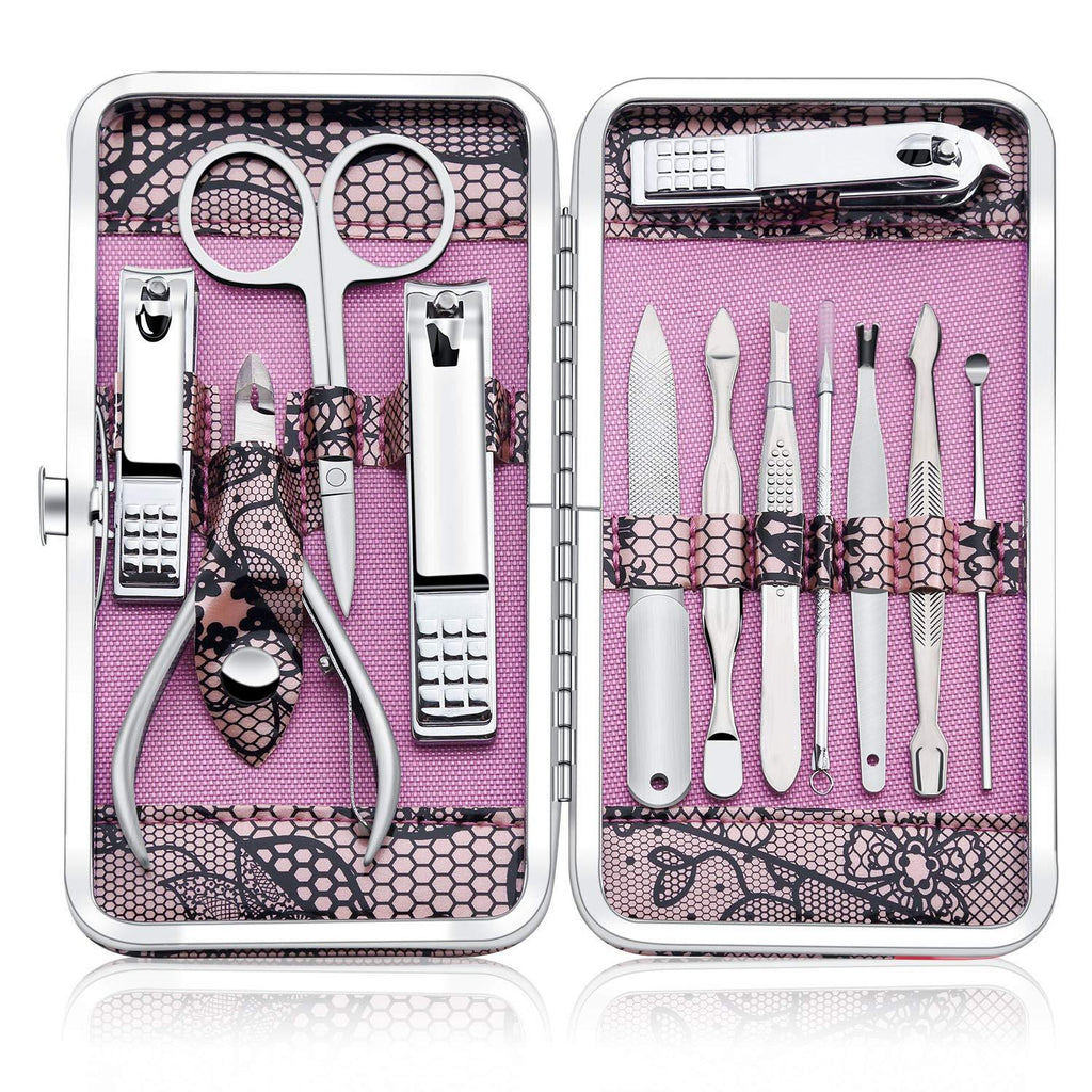 [Australia] - Manicure Set Professional Nail Clippers Kit Pedicure Care Tools- Stainless Steel Grooming Kit 12Pcs for Travel or Home(Pink) 