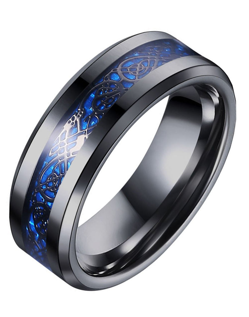 [Australia] - Tanyoyo 8mm Blue Black Dragon Pattern Beveled Edges Celtic Rings Jewelry Wedding Band For Men 7-14 