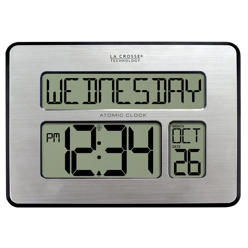 [Australia] - La Crosse Technology 513-1419-INT Atomic Full Calendar Clock with Extra Large Digits - Perfect Gift for the Elderly, Silver, 9.84"L x 1.14"W x 7.48"H 