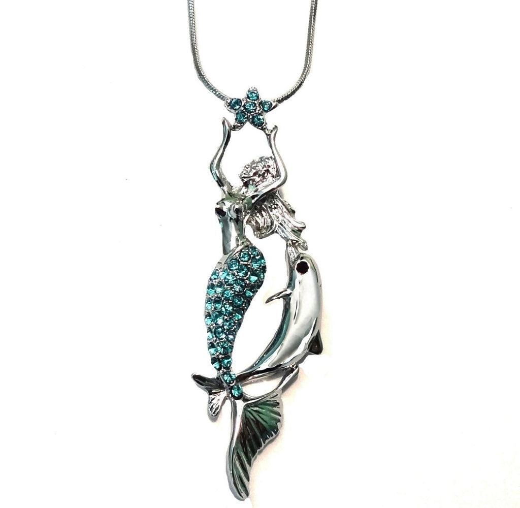 [Australia] - DianaL Boutique Silvertone Blue Crystal Mermaid and Dolphin Pendant Necklace 19" Chain 