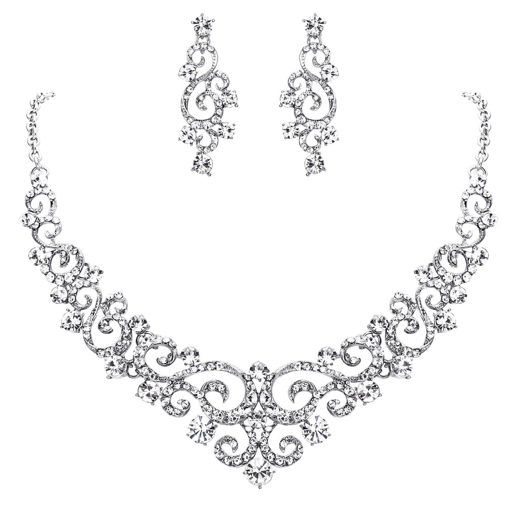 [Australia] - EVER FAITH Women's Crystal Gorgeous Floral Vine Bridal Necklace Earrings Set Clear Silver-Tone 