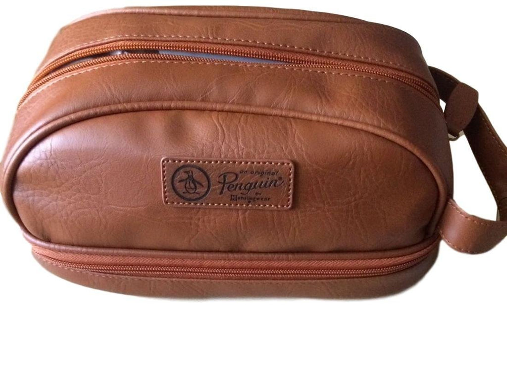 [Australia] - PENGUIN Mens Light Brown Faux Leather Toiletry Travel Kit Case Bag 