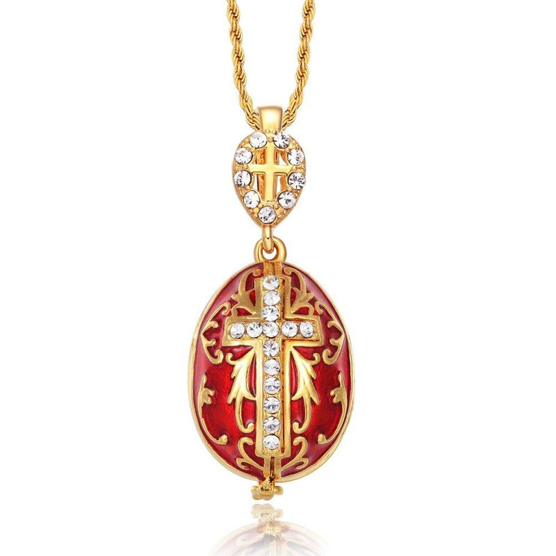 [Australia] - TF Charms Virgin Mary Christ Jesus Icon Cross Egg Pendant Necklace 18 Inches Gabriel Archangel Inside Red 