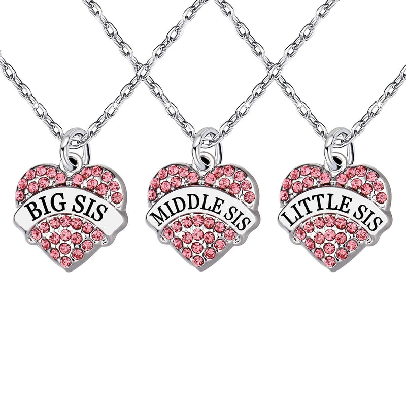 [Australia] - lauhonmin Crystal Sister Necklace Big Middle Little Sister Pink Charms for Women Girl Pack of 3 