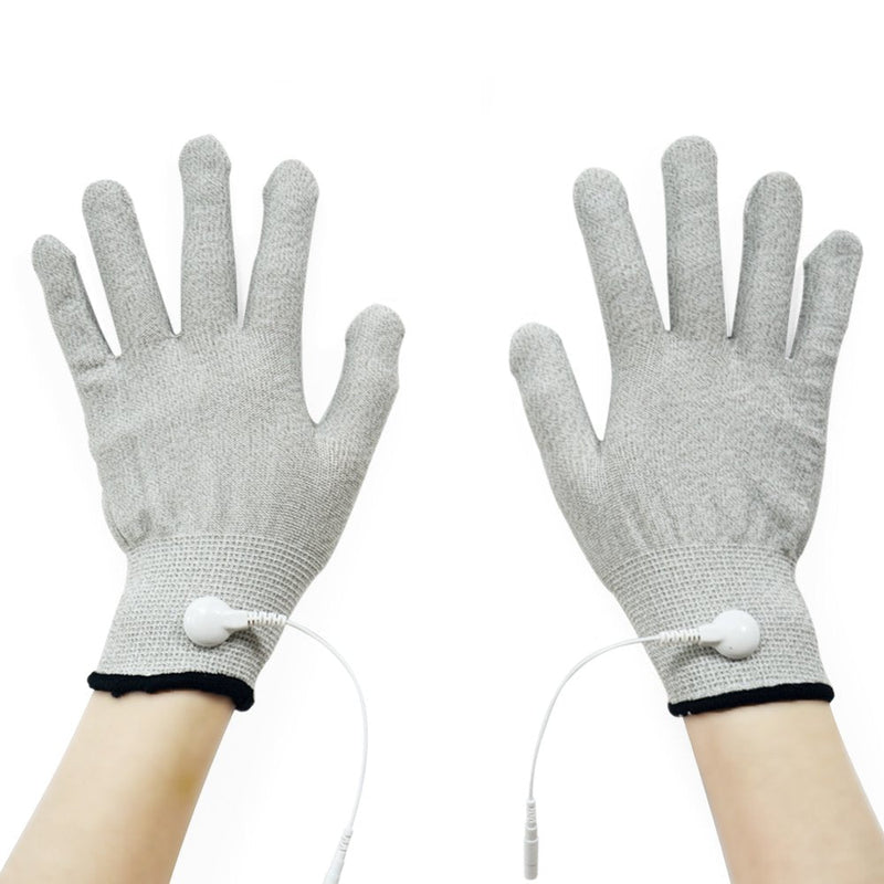 [Australia] - Pair of Silver Conductive Massage Gloves With Adapter Lead wires For Tens/Ems Machine 
