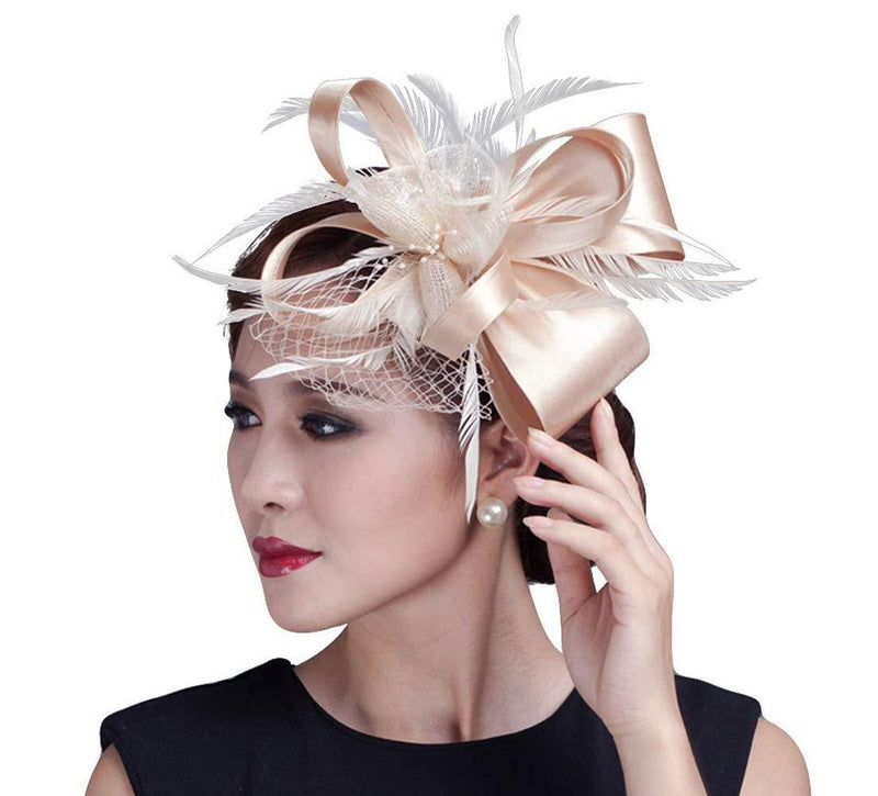 [Australia] - elaine_closet Cambric Fascinator Wedding Evening Party Derby Hat with Veil Feather Hair Clip Champagne 