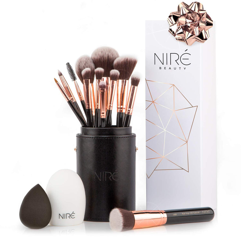 [Australia] - Niré Beauty 15piece Award Winning Professional Makeup Brush Set: Makeup Brushes with Case, Beauty Blender, Brush Cleaner, Guide, Gift Box Black & Rose Gold 