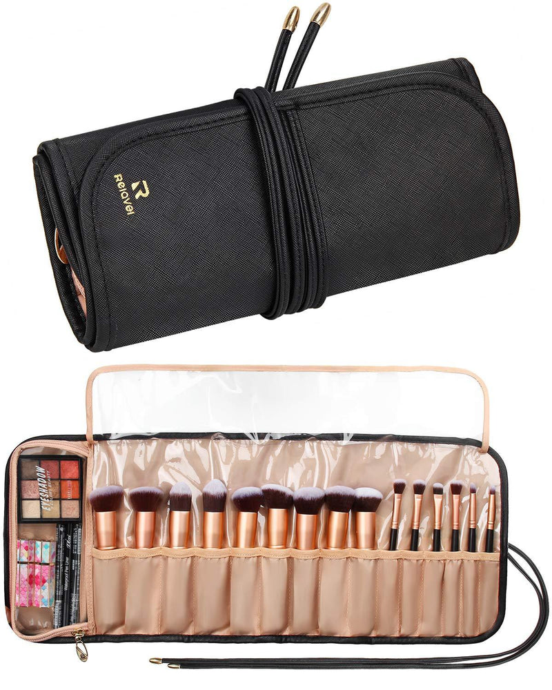 [Australia] - Relavel Makeup Brush Rolling Case Makeup Brush Bag Pouch Holder Cosmetic Bag Organizer Travel Portable Cosmetics Brushes Black Leather Case with Small Clear Bag 15 Slots 