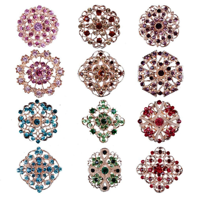 [Australia] - Lot 12pc Multi-Color Rhinestone Crystal Flower Brooches Pins 