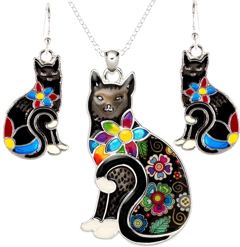 [Australia] - DianaL Boutique Adorable Black Kitty Cat Pendant Necklace and Earrings Set Gift Boxed 