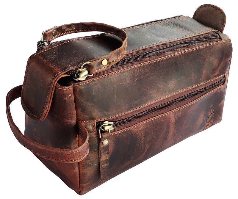 [Australia] - Rustic Town Buffalo Leather Toiletry Bag : Vintage Travel Shaving & Dopp Kit : for Toiletries, Cosmetics & More : Spacious Interior & Waterproof Lining : Compact, Fits Easily in Luggage Walnut Brown 