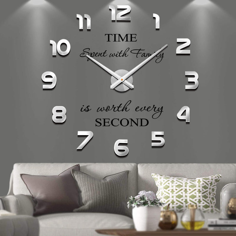 [Australia] - Vangold Frameless DIY Wall Clock 3D Mirror Wall Clock Large Mute Wall Stickers for Living Room Bedroom Home Decorations Silver 