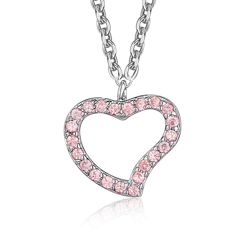 [Australia] - Sterling Silver 925 Open Heart Pendant Necklace for Girls CZ on Rolo Chain 15" Italy UNICORNJ Pink CZs 