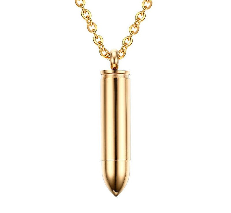 [Australia] - Stainless Steel Memorial Cremation Ash Urn Vial Tube Bullet Pendant Keepsake Necklace, Golden, Free Chain Gold 