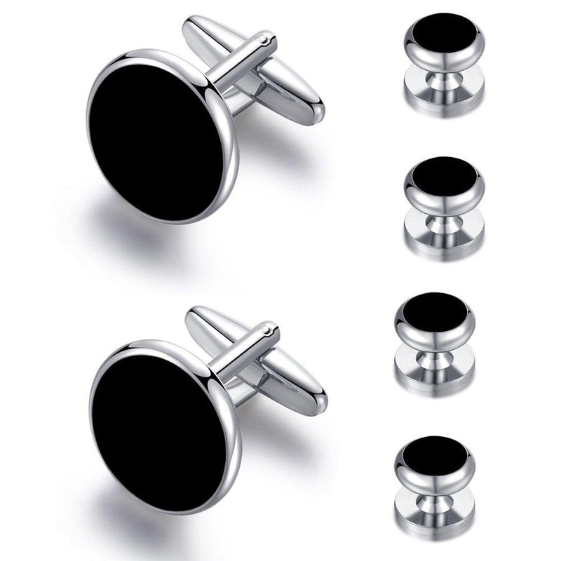 [Australia] - HONEY BEAR 6pcs Set Cufflinks and Studs Black Onyx for Men Shirts Tuxedo Gift 