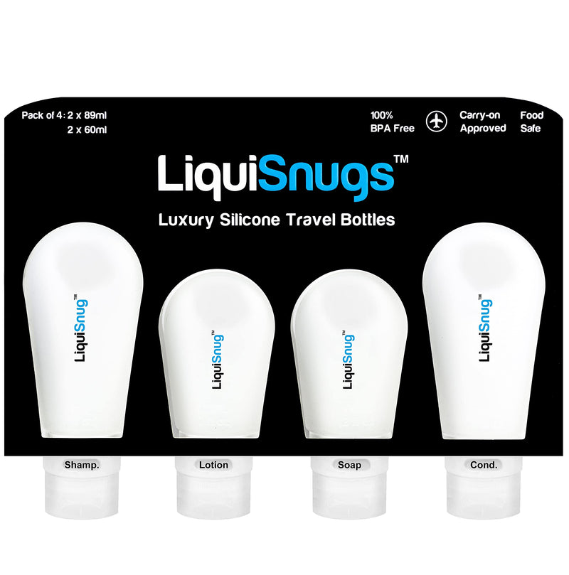 [Australia] - LiquiSnugs Premium - 100% Guaranteed Leak Proof - Silicone Travel Bottles (4 PACK) TSA Approved. Premium Range with Suction Cups and Adjustable Labels - by TravelSnugs 