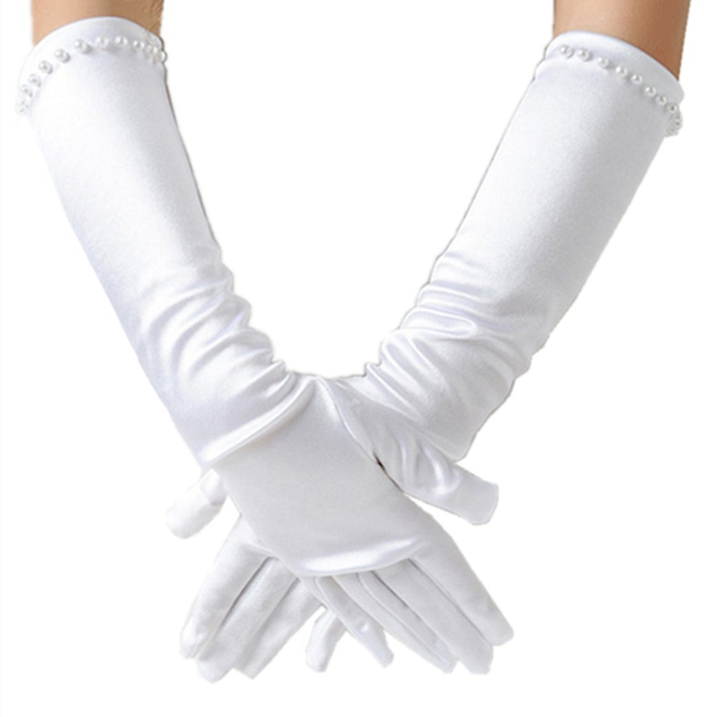 [Australia] - Girls Classic White Wedding Dress beading Gloves M (4-7years) 